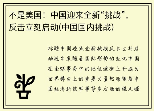 不是美国！中国迎来全新“挑战”，反击立刻启动(中国国内挑战)